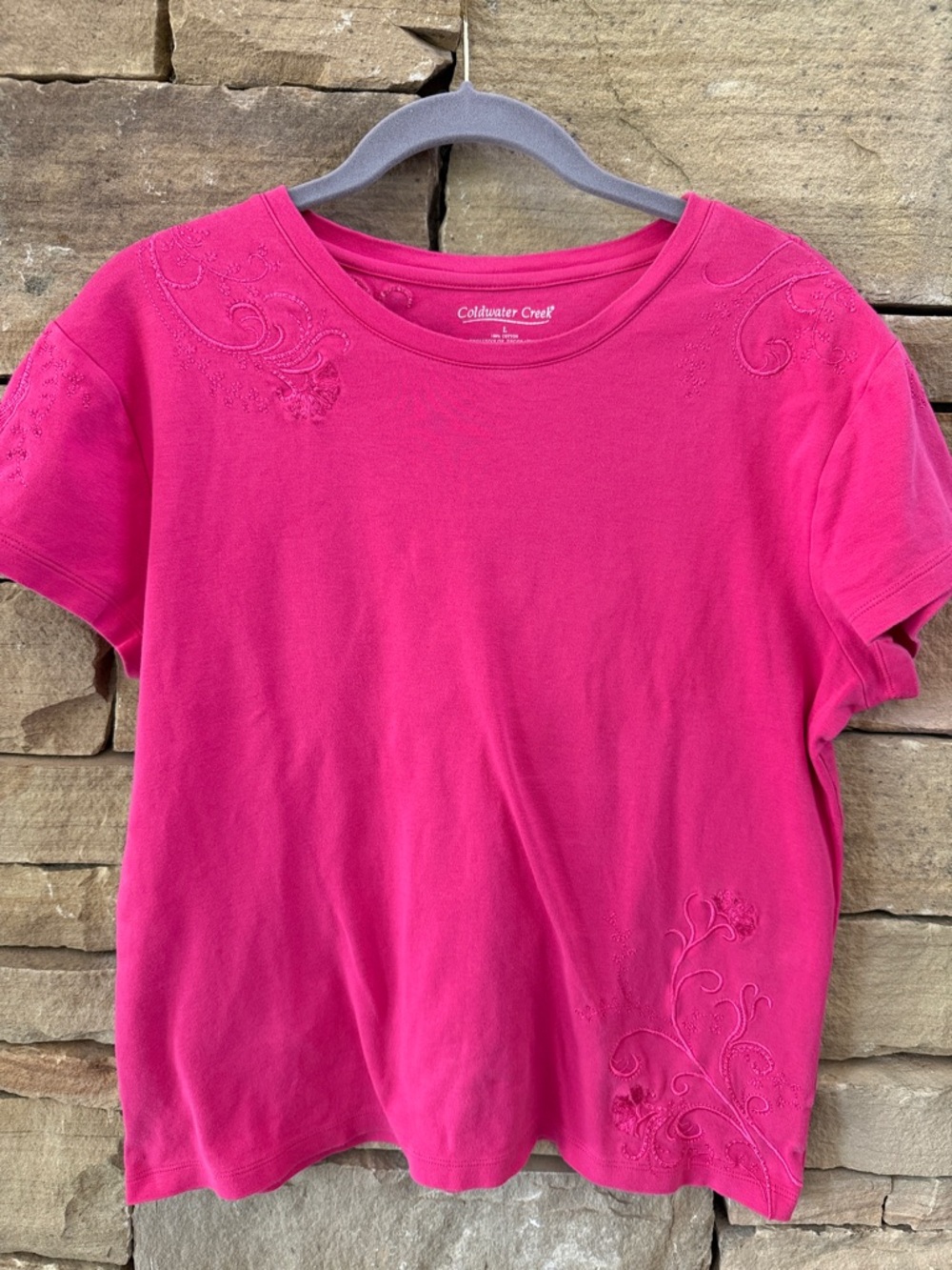 Coldwater Creek Bright Azalea Pink Cap Sleeve Tee with Embroidery, 100% Cotton